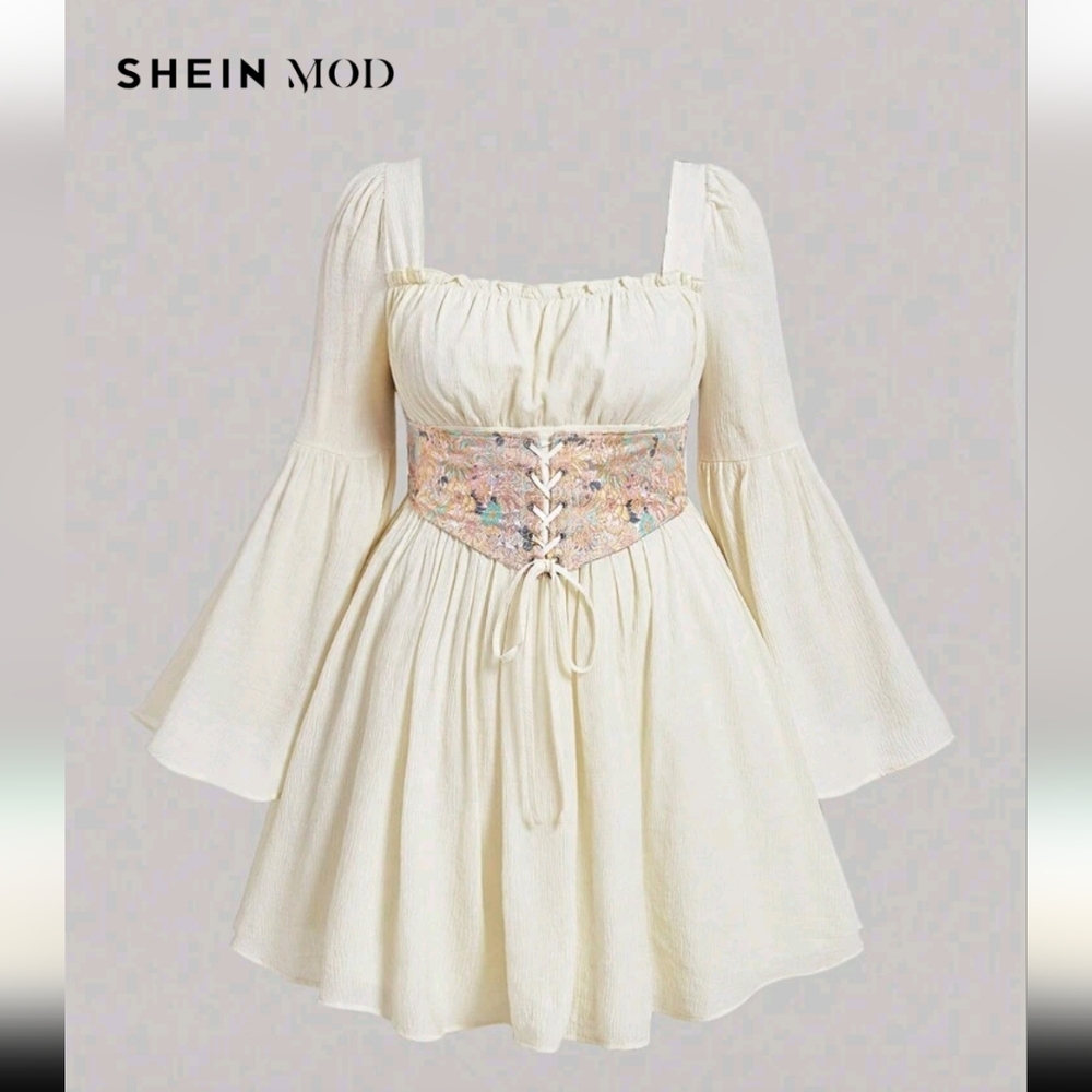 Cream Dress with Floral Embroidered Corset